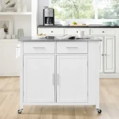 Kitchen Islands & Bar Carts-Kirkland's Home Susanne White And Stainless Steel Kitchen Island