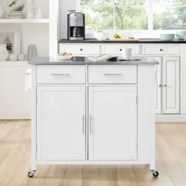 Kitchen Islands & Bar Carts-Kirkland's Home Susanne White And Stainless Steel Kitchen Island