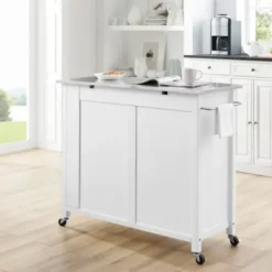 Kitchen Islands & Bar Carts-Kirkland's Home Susanne White And Stainless Steel Kitchen Island