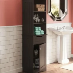Cabinets & Sideboards-Kirkland's Home Tall Espresso Open Shelves Cabinet Brown