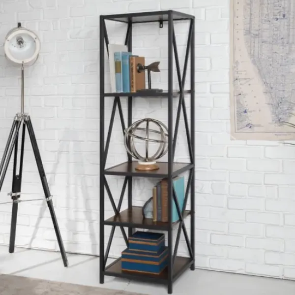 Office Furniture-Kirkland's Home Tall Metal X-Framed Dark Walnut Bookshelf Brown