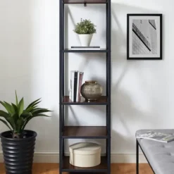 Office Furniture-Kirkland's Home Tall Metal X-Framed Dark Walnut Bookshelf Brown