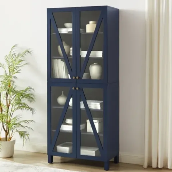Cabinets & Sideboards-Kirkland's Home Tall Navy Triangle 4-Door Wood Cabinet Blue