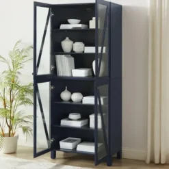 Cabinets & Sideboards-Kirkland's Home Tall Navy Triangle 4-Door Wood Cabinet Blue