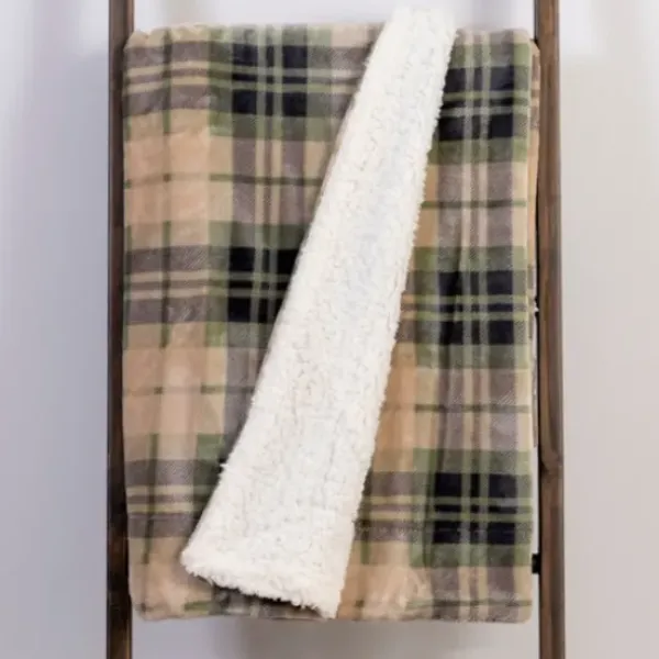 Blankets & Throws-Kirkland's Home Tan And Green Plaid Sherpa Throw Tan/Green