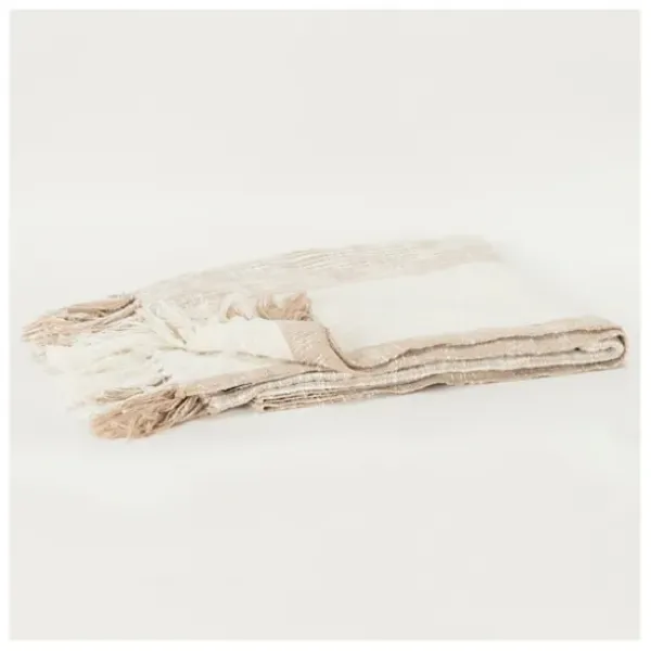 Blankets & Throws-Kirkland's Home Tan And Ivory Striped Woven Cotton Throw Tan/Ivory