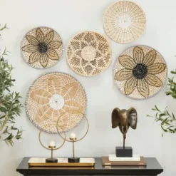 Wall Plaques-Kirkland's Home Tan Bohemian Seagrass 5-Pc. Wall Plaque Set Tan/White/Black