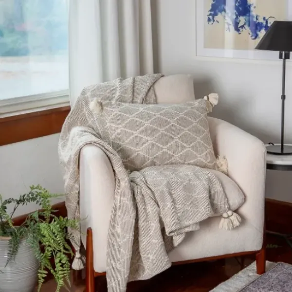 Pillows-Kirkland's Home Tan Diamond Woven Lumbar Pillow Tan/White