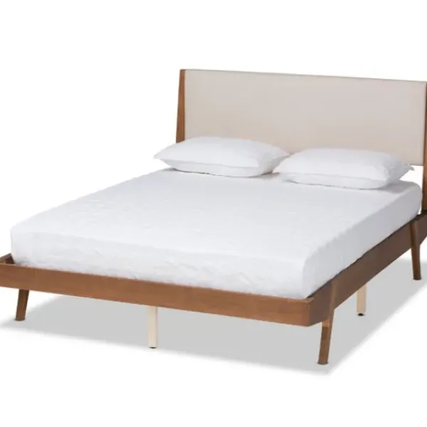 Beds & Headboards-Kirkland's Home Tan Upholstered Brown Wood Full Platform Bed