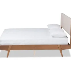 Beds & Headboards-Kirkland's Home Tan Upholstered Brown Wood Full Platform Bed