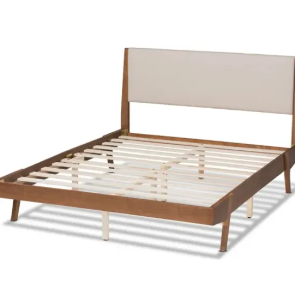 Beds & Headboards-Kirkland's Home Tan Upholstered Brown Wood Full Platform Bed