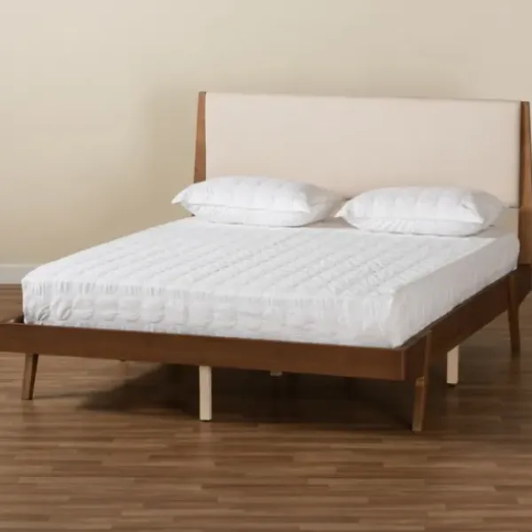 Beds & Headboards-Kirkland's Home Tan Upholstered Brown Wood Full Platform Bed