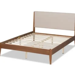 Beds & Headboards-Kirkland's Home Tan Upholstered Brown Wood King Platform Bed Brown/Tan