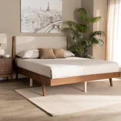 Beds & Headboards-Kirkland's Home Tan Upholstered Brown Wood Queen Platform Bed