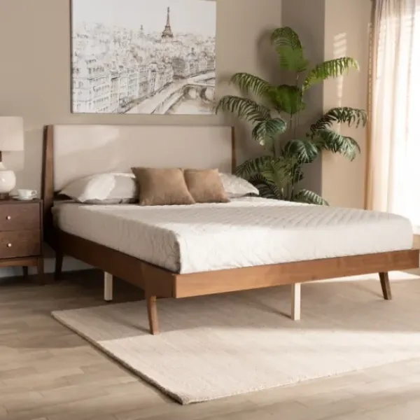Beds & Headboards-Kirkland's Home Tan Upholstered Brown Wood Queen Platform Bed