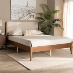 Beds & Headboards-Kirkland's Home Tan Upholstered Classic Wood Full Platform Bed Tan/Brown