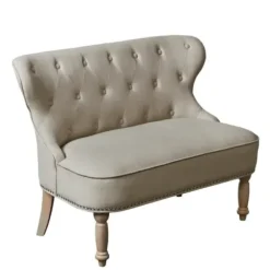Sofas & Loveseats-Kirkland's Home Taupe Button Tufted Nailhead Trim Settee Tan