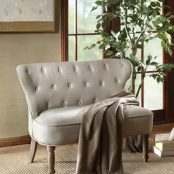 Sofas & Loveseats-Kirkland's Home Taupe Button Tufted Nailhead Trim Settee Tan