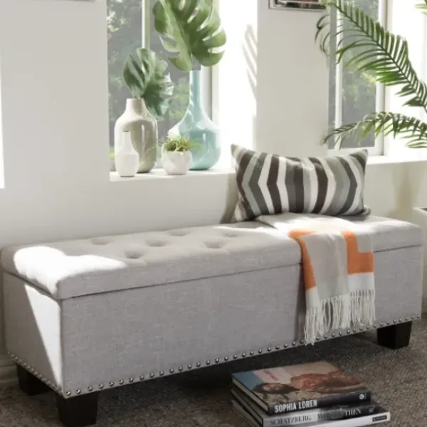 Entryway Furniture-Kirkland's Home Taupe Button-Tufted Upholstered Storage Bench Tan