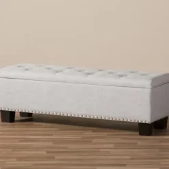 Entryway Furniture-Kirkland's Home Taupe Button-Tufted Upholstered Storage Bench Tan