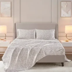 Bed Sheets-Kirkland's Home Taupe Leopard Print Satin 4-Pc. King Sheet Set White/Tan