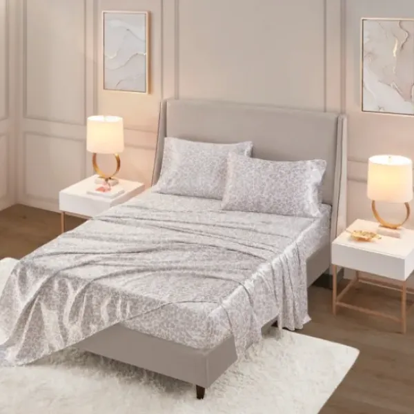 Bed Sheets-Kirkland's Home Taupe Leopard Print Satin 4-Pc. King Sheet Set White/Tan
