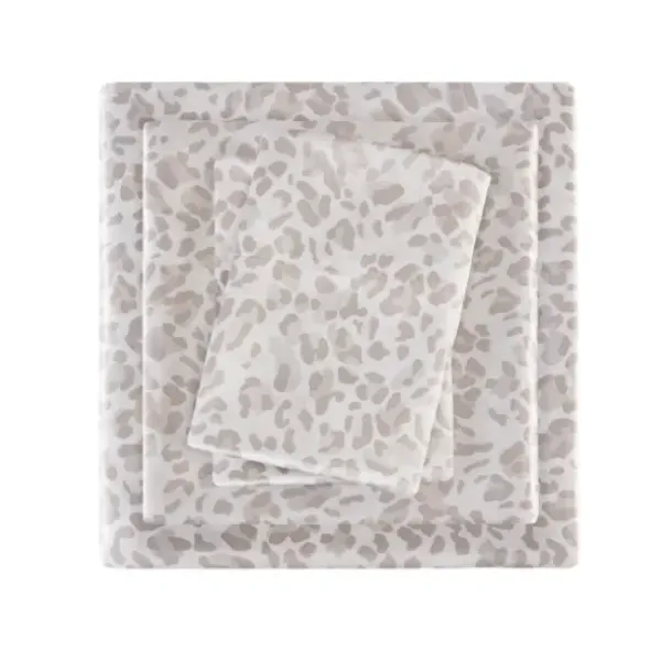 Bed Sheets-Kirkland's Home Taupe Leopard Print Satin 4-Pc. Queen Sheet Set White/Tan