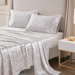 Bed Sheets-Kirkland's Home Taupe Leopard Print Satin 4-Pc. Queen Sheet Set White/Tan