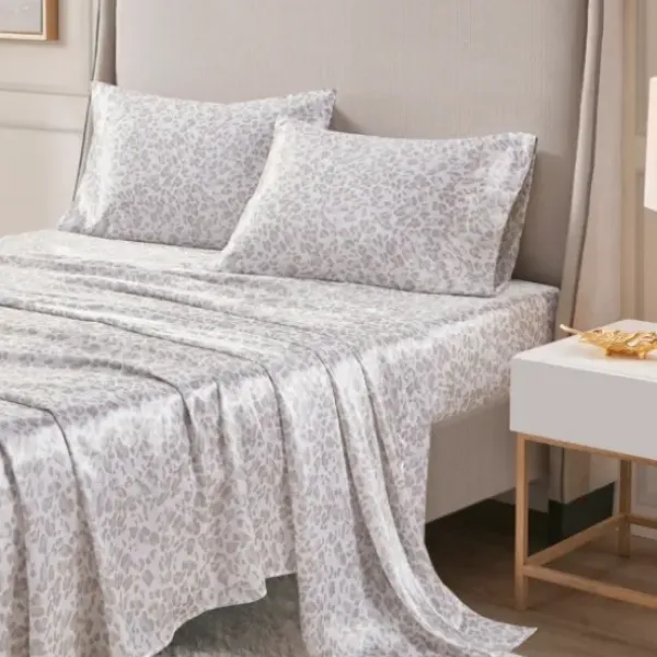 Bed Sheets-Kirkland's Home Taupe Leopard Print Satin 4-Pc. Queen Sheet Set White/Tan
