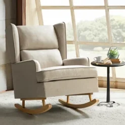 Accent Chairs-Kirkland's Home Taupe Upholstered Natural Base Wingback Rocker Tan