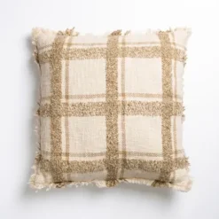 Pillows-Kirkland's Home Taupe Windowpane Plaid Pillow Tan/White