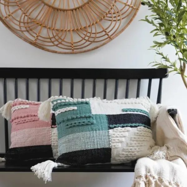 Pillows-Kirkland's Home Teal Braided Color Block Lumbar Pillow Blue/White/Black