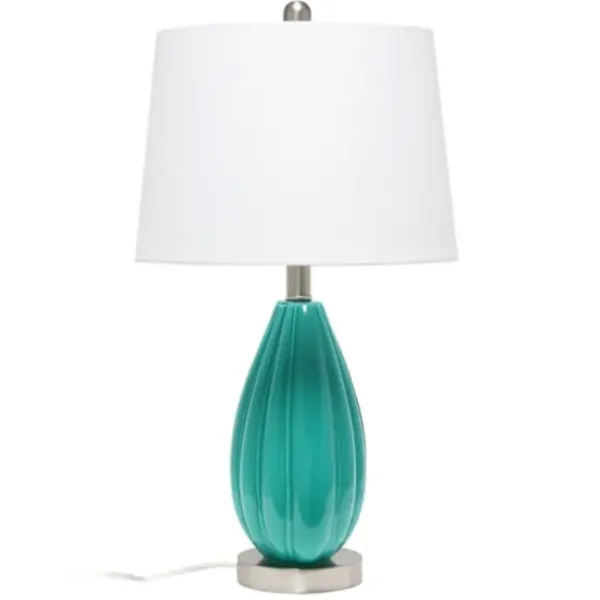 Table Lamps-Kirkland's Home Teal Glass Pleated Table Lamp White