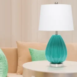 Table Lamps-Kirkland's Home Teal Glass Pleated Table Lamp White