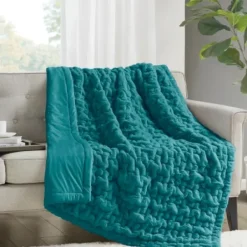 Blankets & Throws-Kirkland's Home Teal Ruched Faux Fur Throw Blue