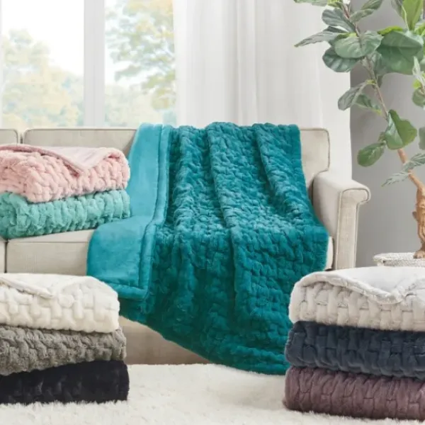 Blankets & Throws-Kirkland's Home Teal Ruched Faux Fur Throw Blue