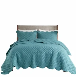Quilts-Kirkland's Home Teal Scalloped Crinkle 3-Pc. Cali King Quilt Set Blue