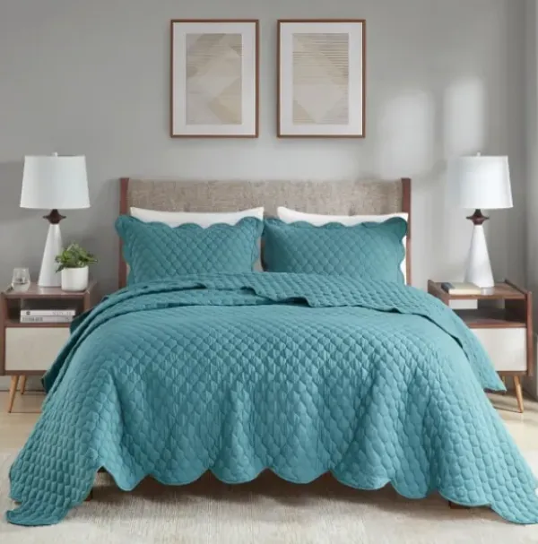 Quilts-Kirkland's Home Teal Scalloped Crinkle 3-Pc. Cali King Quilt Set Blue