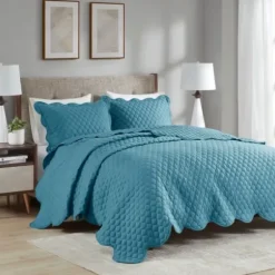 Quilts-Kirkland's Home Teal Scalloped Crinkle 3-Pc. Full/Queen Quilt Set Blue