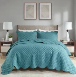 Quilts-Kirkland's Home Teal Scalloped Crinkle 3-Pc. Full/Queen Quilt Set Blue