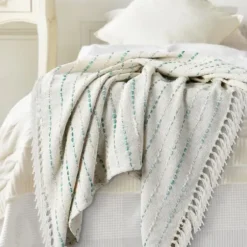 Blankets & Throws-Kirkland's Home Teal Shimmer Stripe Woven Throw Blue/White/Tan