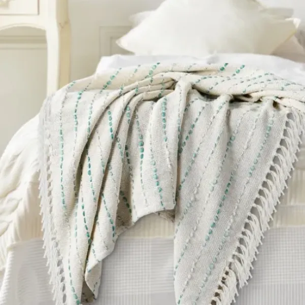 Blankets & Throws-Kirkland's Home Teal Shimmer Stripe Woven Throw Blue/White/Tan
