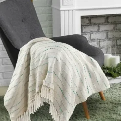 Blankets & Throws-Kirkland's Home Teal Shimmer Stripe Woven Throw Blue/White/Tan