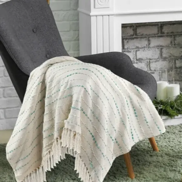 Blankets & Throws-Kirkland's Home Teal Shimmer Stripe Woven Throw Blue/White/Tan