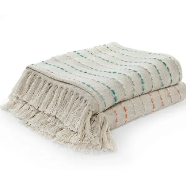 Blankets & Throws-Kirkland's Home Teal Shimmer Stripe Woven Throw Blue/White/Tan
