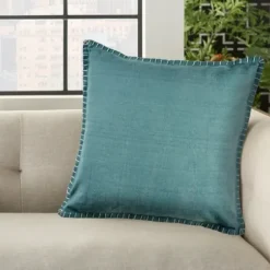 Pillows-Kirkland's Home Teal With Embroidered Edge Pillow, 24 In. Blue