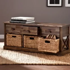 Entryway Furniture-Kirkland's Home Tommy Wood And Woven Baskets Storage Bench Brown