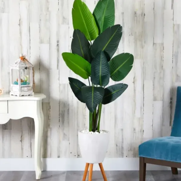 Trees & Topiaries-Kirkland's Home Travelers Palm Rock Tree In White Plant Stand