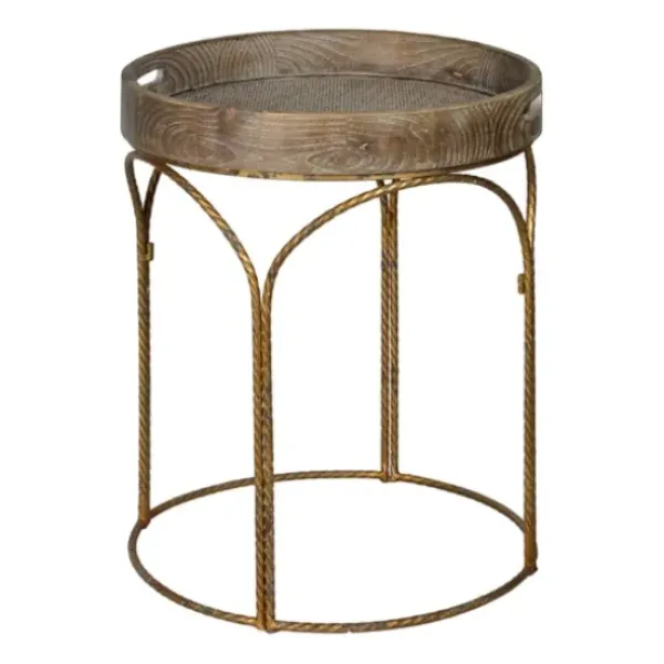 Accent & End Tables-Kirkland's Home Tray Top Wood And Gold Metal Accent Table Tan/Gold