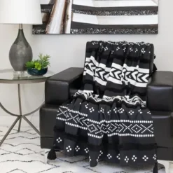 Blankets & Throws-Kirkland's Home Tribal Tufted Stripe Throw Black